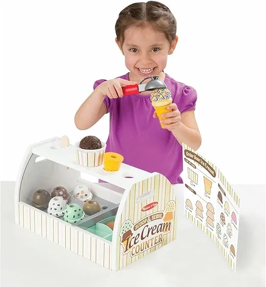 Melissa & Doug Wooden Scoop and Serve Ice Cream Counter (28 pcs) - Play Food and Accessories - Pretend Food Toys, Ice Cream Shop Toys For Kids Ages 3+