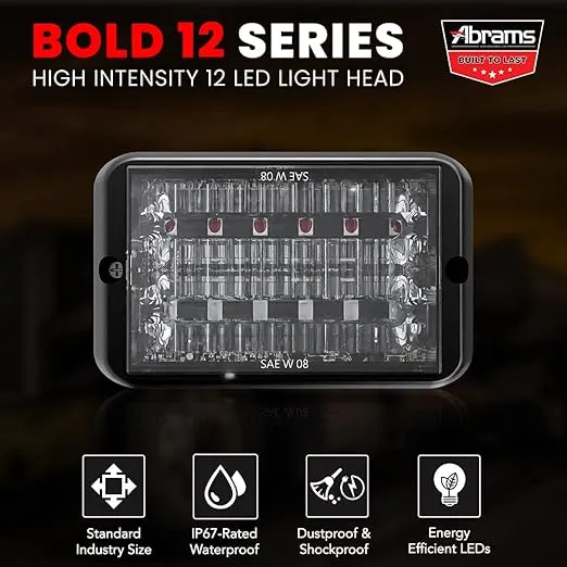 Abrams SAE Class-1 Bold 12 [Amber/White] 36W - 12 LED Snow Plow Truck Vehicle LED Grille Light Head Surface Mount Strobe Warning Light