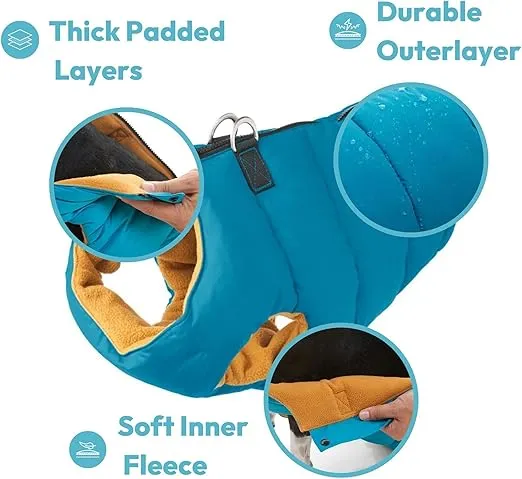 Gooby Padded Vest Dog Jacket - Solid Blue, Small - Warm Zip Up Dog Vest Fleece Jacket with Dual D Ring Leash - Winter Water Resistant Small Dog Sweater - Dog Clothes for Small Dogs and Medium Dogs