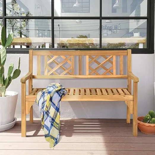 Giantex Outdoor Bench, Patio Wooden Bench, 4 Ft Foldable Acacia Wood Garden Bench, Outside Loveseat with Curved Backrest and Armrest, 705Lbs Weight Capacity, Park Bench for Outdoors, Porch, Balcony