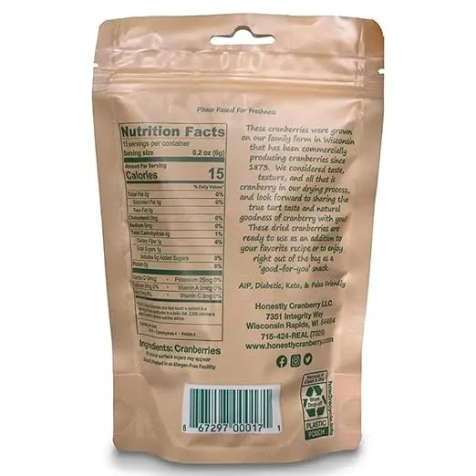 Honestly Cranberry - Unsweetened Dried Cranberries - No Added Sugars, Juices, or Oils - Non-GMO - Wisconsin Grown (3 oz)