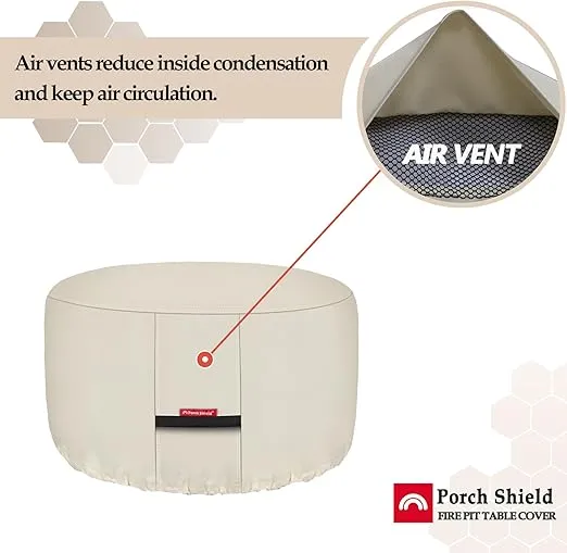 Porch Shield Fire Pit Cover - Waterproof 600D Heavy Duty Fade Resistant Round Patio Fire Bowl Cover Beige - 32 inch