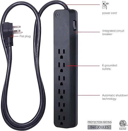 GE Pro 6-Outlet Surge Protector, 4 Ft Extension Cord, 840 Joules, Power Strip, Flat Plug, Integrated Circuit Breaker, Wall Mount, UL Listed, Black, 37051