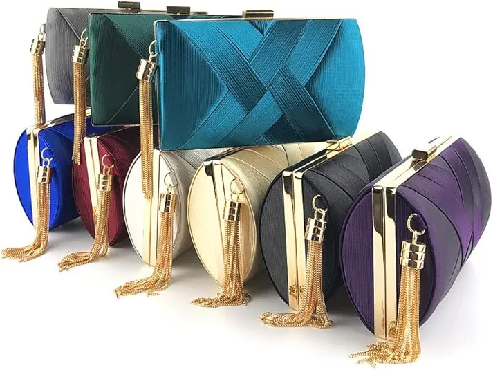 Women's Elegant Tassel Pendant Silk Evening Bag Clutch Purse for Bride Wedding Prom Night Out Party