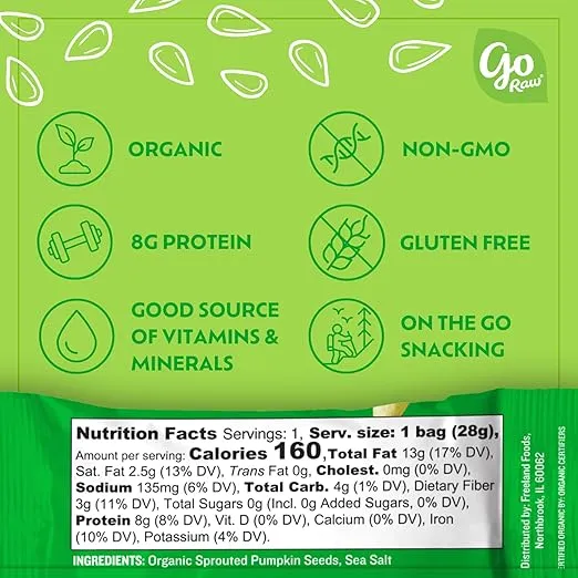 Go Raw Organic Sprouted Pumpkin Seeds, 1 oz, 12 Pack, Sea Salted, Keto, Kosher, Superfood