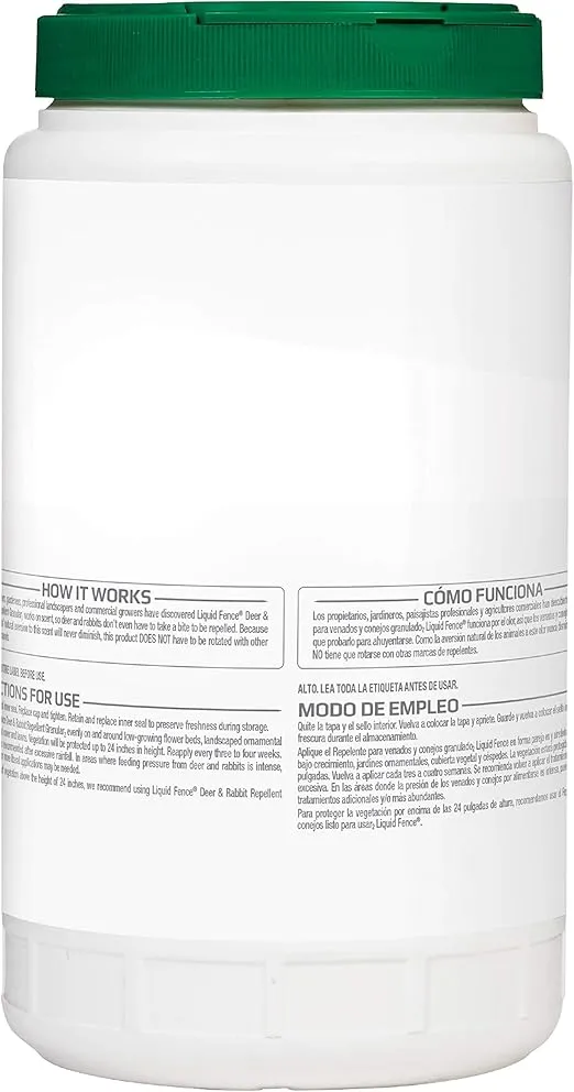 Liquid Fence Deer and Rabbit Repellent Granular, Keep Rabbits Out of Garden Patio Backyard, Use on Gardens Shrubs Trees, Harmless to Plants Animals When Used & Stored as Directed, 2 lb,White