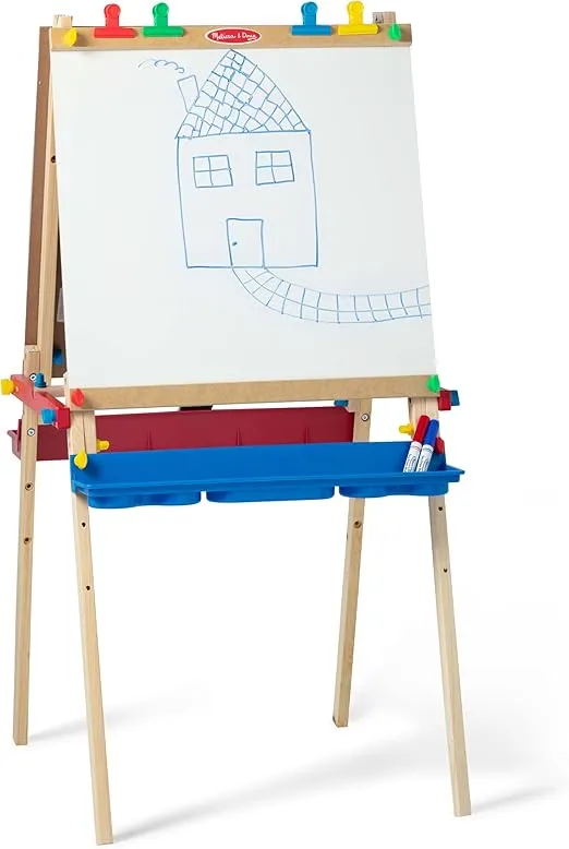 Melissa & Doug Deluxe Standing Art Easel - Dry-Erase Board, Chalkboard, Paper Roller - FSC Certified, 27"D x 26"W x 47"H