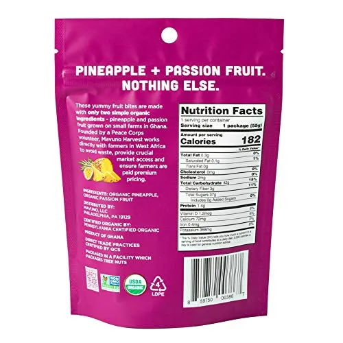 Mavuno Harvest Organic Fruit Snacks - Chewy Fruit Bites - Healthy Food for Kids & Adults - Ethically Sourced, Non-GMO, No Preservatives - Pineapple & Passionfruit - 1.94-oz. Snack Packs, Pack of 8