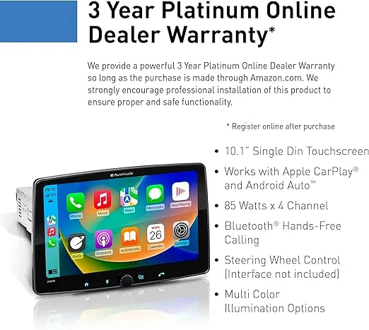 Planet Audio P100CPA Car Stereo - Apple CarPlay, Android Auto, Single Din, 10.1 Inch Touchscreen, Bluetooth, No CD DVD Player, AM/FM Radio Receiver