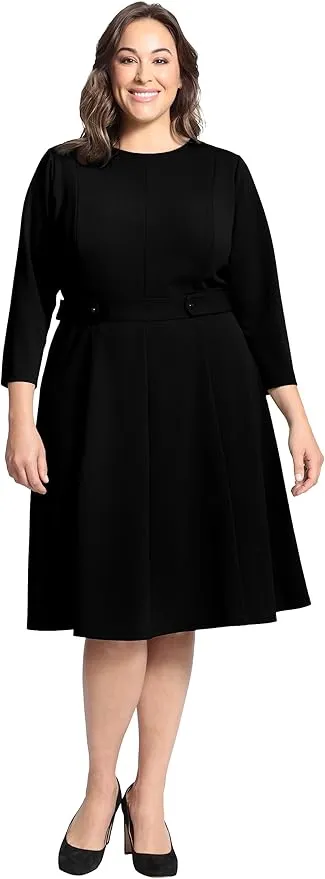 London Times Women's Crepe Fit and Flare Midi with Waist Button Detail