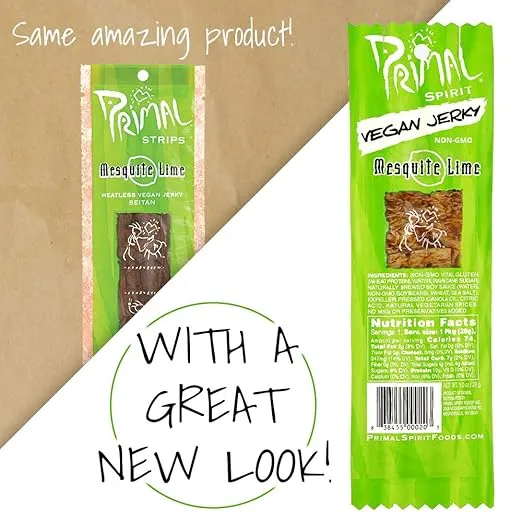 Primal Spirit Vegan Jerky – “Classic Flavor” – Mesquite Lime, 10 g. Plant Based Protein, Certified Non-GMO, No Preservatives, Sports Friendly Packaging (12 Pack, 1 oz)