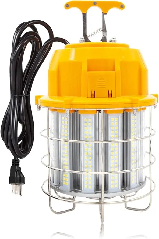 Maxxima High Bay LED Temporary Work Light Fixture - 100 Watt 12000 Lumens, Daylight 5000K, IP65, Linkable, Stainless Steel Cage Guard, Easy Latch to Mount, Plug in with Surge Protection