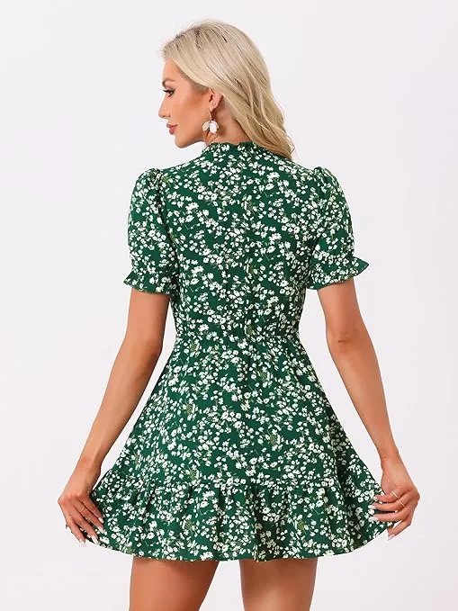 Allegra K Women's Ruffle Dress 2023 Summer Chiffon Tie Neck Puff Short Sleeve Floral Smock Dress