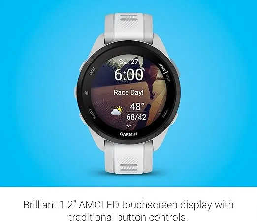 Garmin Forerunner 165, Running Smartwatch, Colorful AMOLED Display, Training Metrics and Recovery Insights, Whitestone