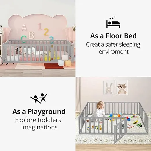 Twin Floor Bed for Kids Solid Wood Montessori Bed Frame with Door & Safety Guardrails Multifunctional Montessori Floor Bed for Toddlers, No Weight Limit, Easy Assemble, Gray