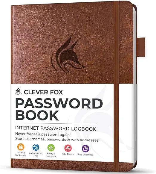 Clever Fox Password Book with Alphabetical tabs. Internet Address Organizer Logbook. Small Pocket Password Keeper for Website Logins (Brown)