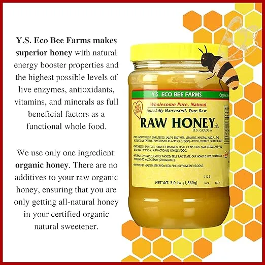Y.S. Eco Bee Farms, Wholesome Natural Raw Honey, Unpasteurized, Unfiltered, Fresh Raw State, Kosher, Pure, Natural, Healthy, Safe, Gluten Free, Specially Harvested, 3lb - 1 Count with Bonus Key Chain