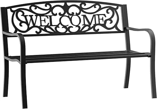 Outsunny 50" Outdoor Metal Welcome Bench, Garden Bench with Slatted Seat, Patio Bench for Park, Porch, Yard, Entryway, Black