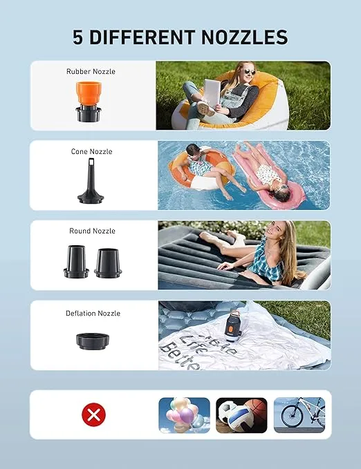 AstroAI Mini Air Pump for Inflatables with 3000mAh Battery Portable Air Mattress Pump with Camping Lantern Electric Air Pump with 5 Nozzles Inflate & Deflate Air Mattress, Vacuum Storage Bags
