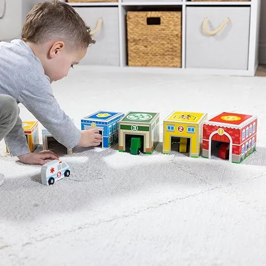 Melissa & Doug Nesting and Sorting Blocks - 6 Buildings, 6 Wooden Vehicles - FSC Certified
