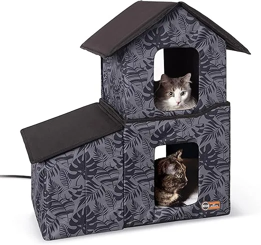 K&H Pet Products Two-Story Outdoor Kitty House with Dining Room Heated Gray Leaf 22 X 27 X 27 Inches