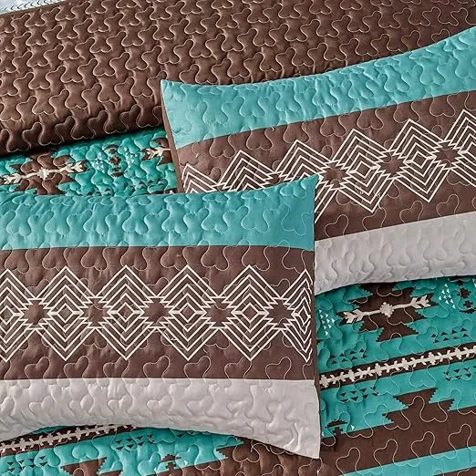 WPM WORLD PRODUCTS MART Southwest Teal/Beige/Brown Print Bedspread 3 Piece Navajo/Native American Tribal Design Microfiber Cabin Lodge Quilt Set- Queen Size Southwestern Bedding Makala (Queen)