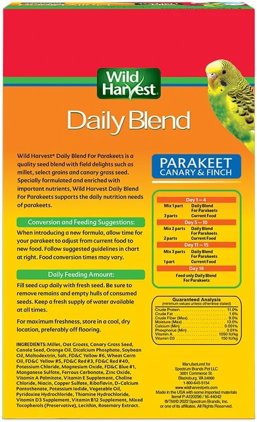Wild Harvest Daily Blend for Parakeet, Canary, Finch & Small Birds, 2 Pounds