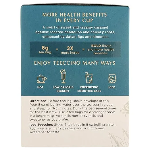 Teeccino Dandelion Caramel Nut Tea - Caffeine Free, Roasted Herbal Tea with Prebiotics, 3x More Herbs than Regular Tea Bags, Gluten Free - 10 Tea Bags