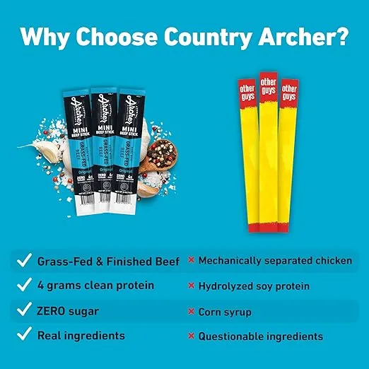 Country Archer Mini Beef Jerky Sticks - Grass Fed Beef Sticks Individually Wrapped, Mini Beef Sticks Bulk, Beef Jerky Snack Packs, Gluten Free, Paleo, Keto - .5 oz Meat Sticks (Pack of 12)