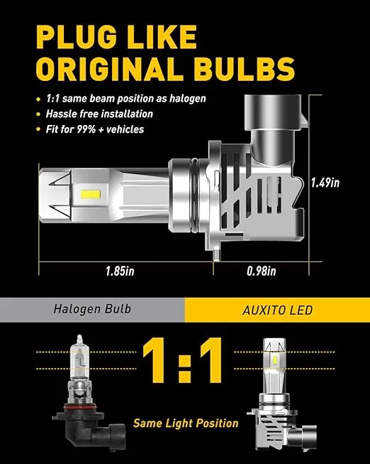 AUXITO HB4 9006 LED Bulbs, 15000LM Per Set 6500K Cool White Mini Size Wireless LED Fog Light Bulbs for Stock Halogen Replacement, Pack of 2