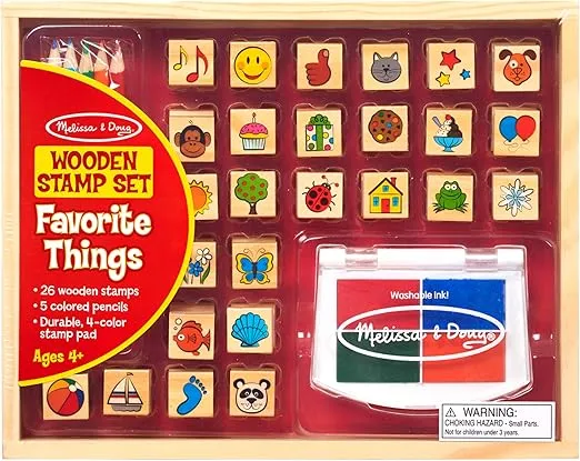 Melissa & Doug Wooden Stamp Set, Favorite Things - 26 Stamps, 4-Color Stamp Pad With Washable Ink For Art Projects For Kids Ages 4+