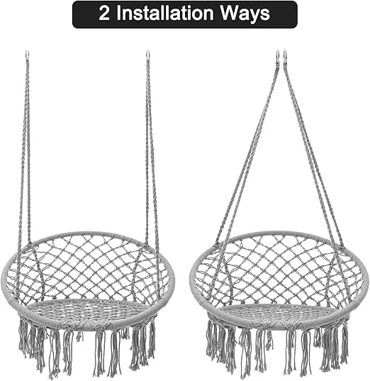 Hammock Chair Macrame Swing Bohemian Style Hammock Swing Chair with Tassels Hanging Swing Chair Handmade Knitted Cotton Rope for Indoor Outdoor Bedroom Patio Max 330 Lbs Grey