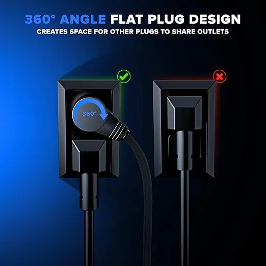 Maximm Cable 25 Ft 360° Rotating Flat Plug Extension Cord/Wire, 16 AWG Multi 3 Outlet Extension Wire, 3 Prong Grounded Wire - Black - UL Certified