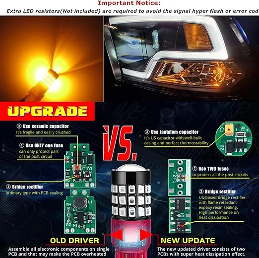 Alla Lighting Newly Upgraded T20 7440 7443 LED Turn Signal Light Bulbs 7444NA 7442NAK, Amber Yellow W3x16q Base, Super Bright 2835-SMD 360° LED Blinker Direction Lamps for Cars, Trucks