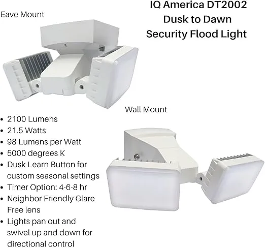 Dusk-to-Dawn Security Flood Light with Timer, 2100 Lumen LED, Eave Soffit or Wall Mount Energy Saving Outdoor Weatherproof Commercial Residential Barn Garage Warehouse 1pc (White)
