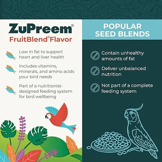 ZuPreem FruitBlend Bird Pellets, Daily Bird Food for Parakeet, Budgie, Parrotlet, Dove, Core Nutrition for Small Birds, Made in USA, Parakeet Food, Budgie Food (S, 10 lb)