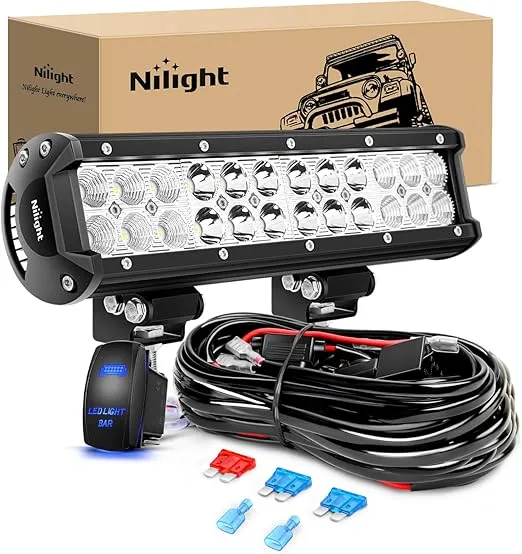 Nilight - ZH084 LED Light Bar 12Inch 72W Spot Flood Combo LED Off Road Lights 12V 5Pin Rocker Switch Wiring Harness Kit- One Lead, 2 Years Warranty