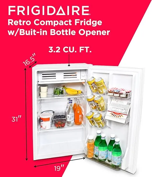 Frigidaire Retro Compact Fridge with Chiller, 3.2 cu ft Countertop Fridge with Built-In Bottle Opener, Compact Refrigerator for Office, Bedroom, Dorm Room or Cabin - 16.5"D x 19"W x 31"H (White)