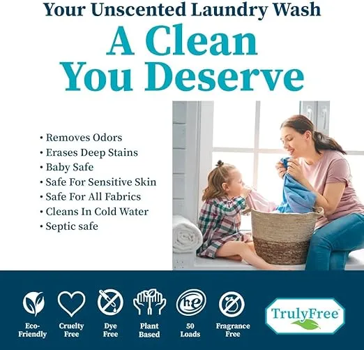 Truly Free Laundry Wash Detergent for Sensitive Skin, Gentle & Safe for Baby Clothes | Plant-Based, Natural Ingredients | Unscented | Include 1 Refillable Bottle (50 Loads)