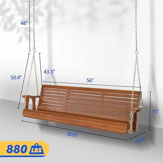 VINGLI Upgraded Patio Wooden Porch Swing for Courtyard & Garden, Heavy Duty 880 LBS Swing Chair Bench with Hanging Chains for Outdoors (Brown, 5 FT)
