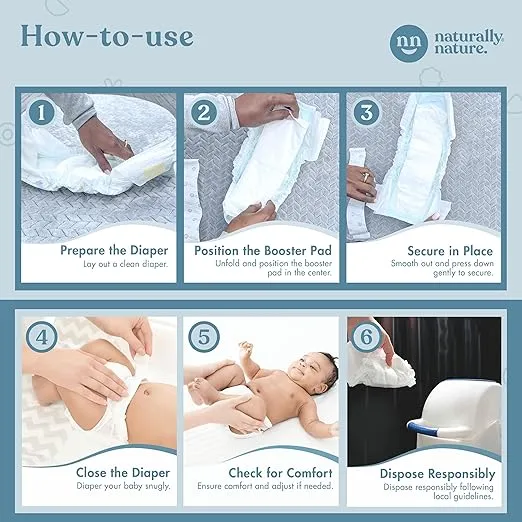Naturally Nature Diaper Booster Pads Stop Nighttime Leaks, Adhesive Diaper Liners for Baby Overnight Diapers - Size N-3 Boys, 64-Pack - Disposable Diaper Pads for Heavy Wetters and Active Sleepers