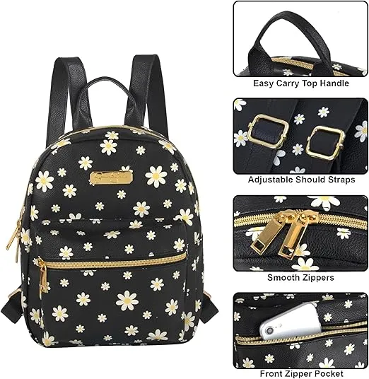 Jessica Simpson Mini Waterproof Vegan Leather Backpack for Women for Work, College, Recreation, Commuting & Traveling in Black Flowers