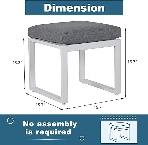 Soleil Jardin Outdoor Ottomans for Patio Set of 2, Assembled Aluminum Outdoor Footstool with Grey Cushions, Small Seat Furniture for Garden Yard Deck Poolside, White Frame
