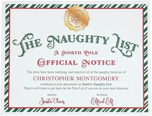 Personalized Santa Naughty List Certificate