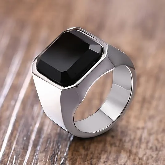 Mens Black Onyx Rings Stainless Steel Square Agate Rings for Men,Pinky Thumb Ring Band for Dad Father Jewelry Gift for him,Anillos De Hombre, Men's Ring for Gift for Men