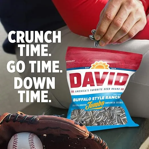 DAVID Seeds Buffalo Style Ranch Flavored Salted and Roasted Jumbo Sunflower Seeds, Keto Friendly Snack, 5.25 OZ Bags, 12 Pack