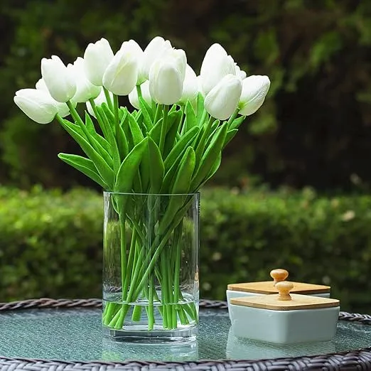 ENOVA FLORAL 20 Heads White Tulips Real Touch Artificial Flowers in Vase, Fake Tulips Flowers with Vase and Faux Water for Dining Table Decoration, Home Wedding (White)