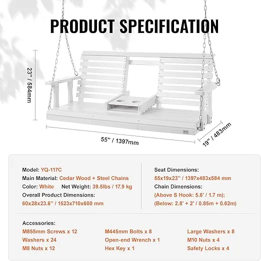 VEVOR Wooden Porch Swing 5 ft, Patio Bench Swing for Courtyard & Garden, Upgraded 880 lbs Strong Load Capacity, Heavy Duty Swing Chair Bench with Hanging Chains for Outdoors, White