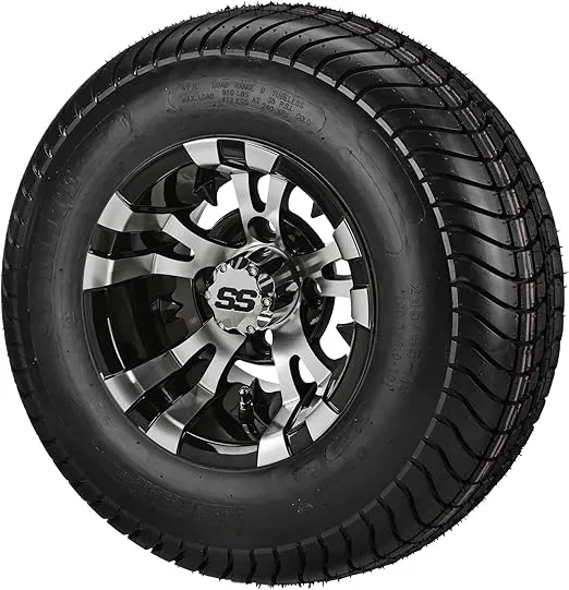 RM Cart - 10" Warlock Black/Machined on a 205/65-10 Low Rise Tire (Set of 4), Fits Club Car & EZ-Go carts, Golf Cart Tires and Wheels Combo
