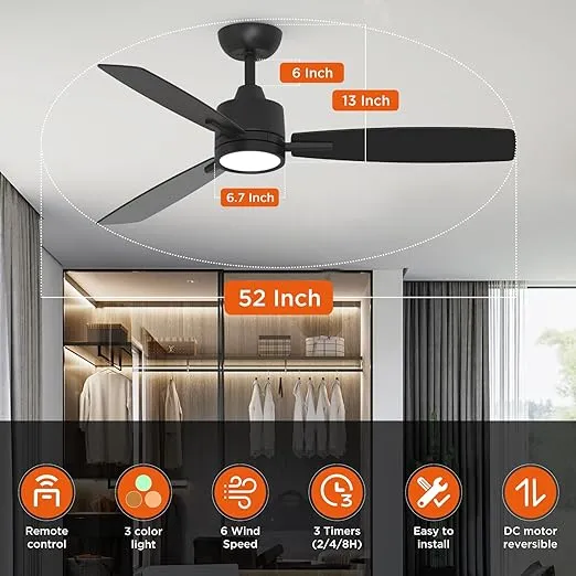 TALOYA 52 Inch Ceiling Fans with Lights Led Remote Control Flush Mount Low Profile for Living Room Bedroom Outdoor Farmhouse Patio Kitchen Dining Room,DC Motor,Reversible,3 Color Temperatures,Black